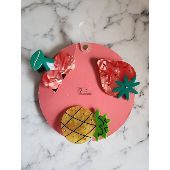 Pink Linen Fruit-Themed Hair Clips With Cherry Strawberry & Pineapple Designs - Picture 2 of 3